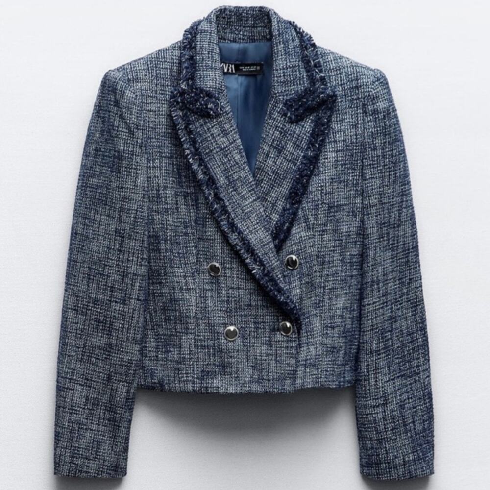 Zara Navy Tweed Double-Breasted Blazer